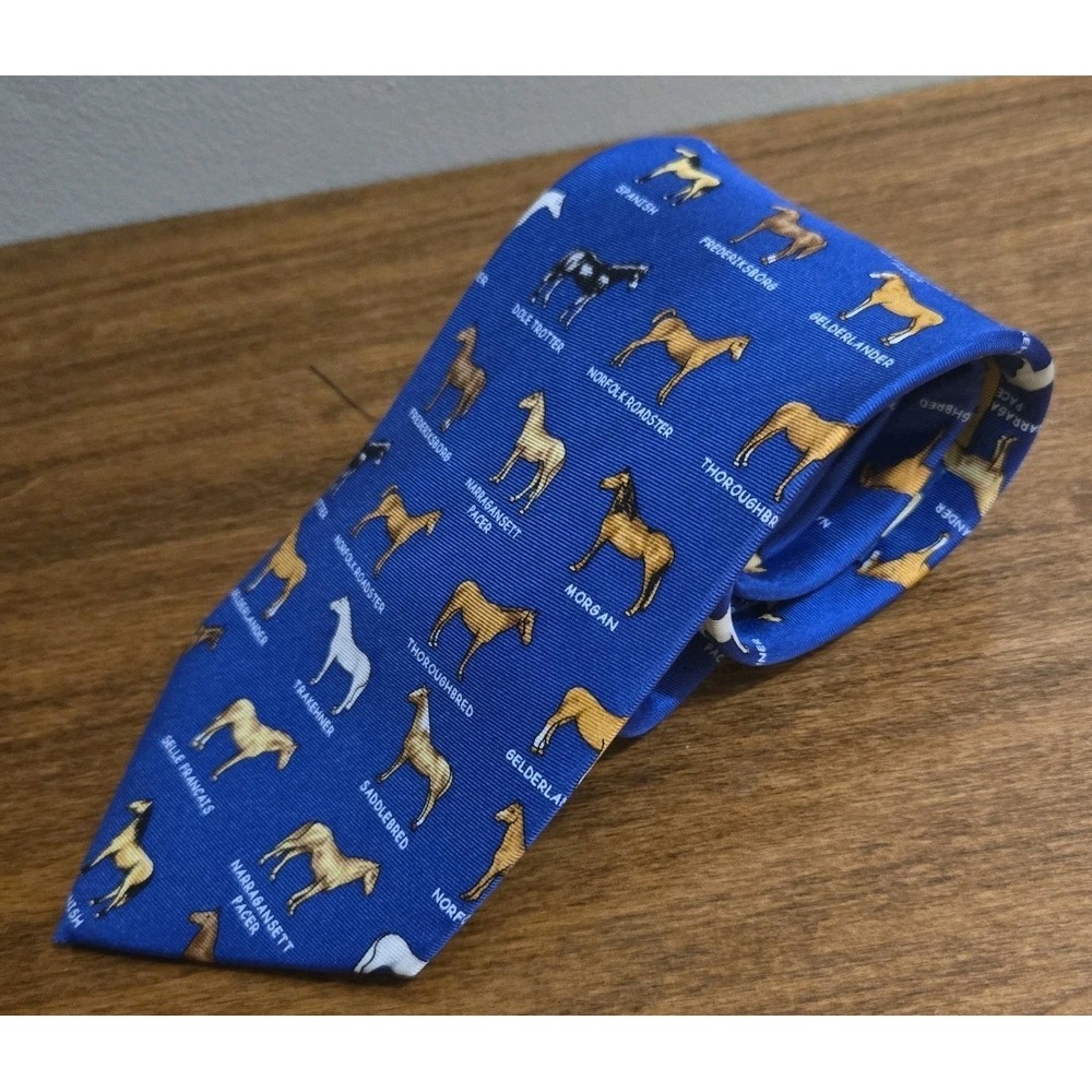 ALYNN Tie Mens Blue "Name That Horse" Silk Novelty Equestrian Necktie 59"x4"